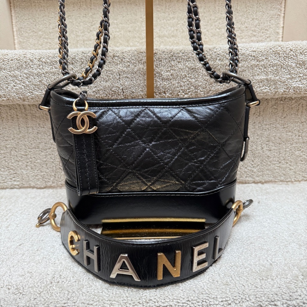Chanel Aged Calfskin Quilted Small Gabrielle Hobo Black